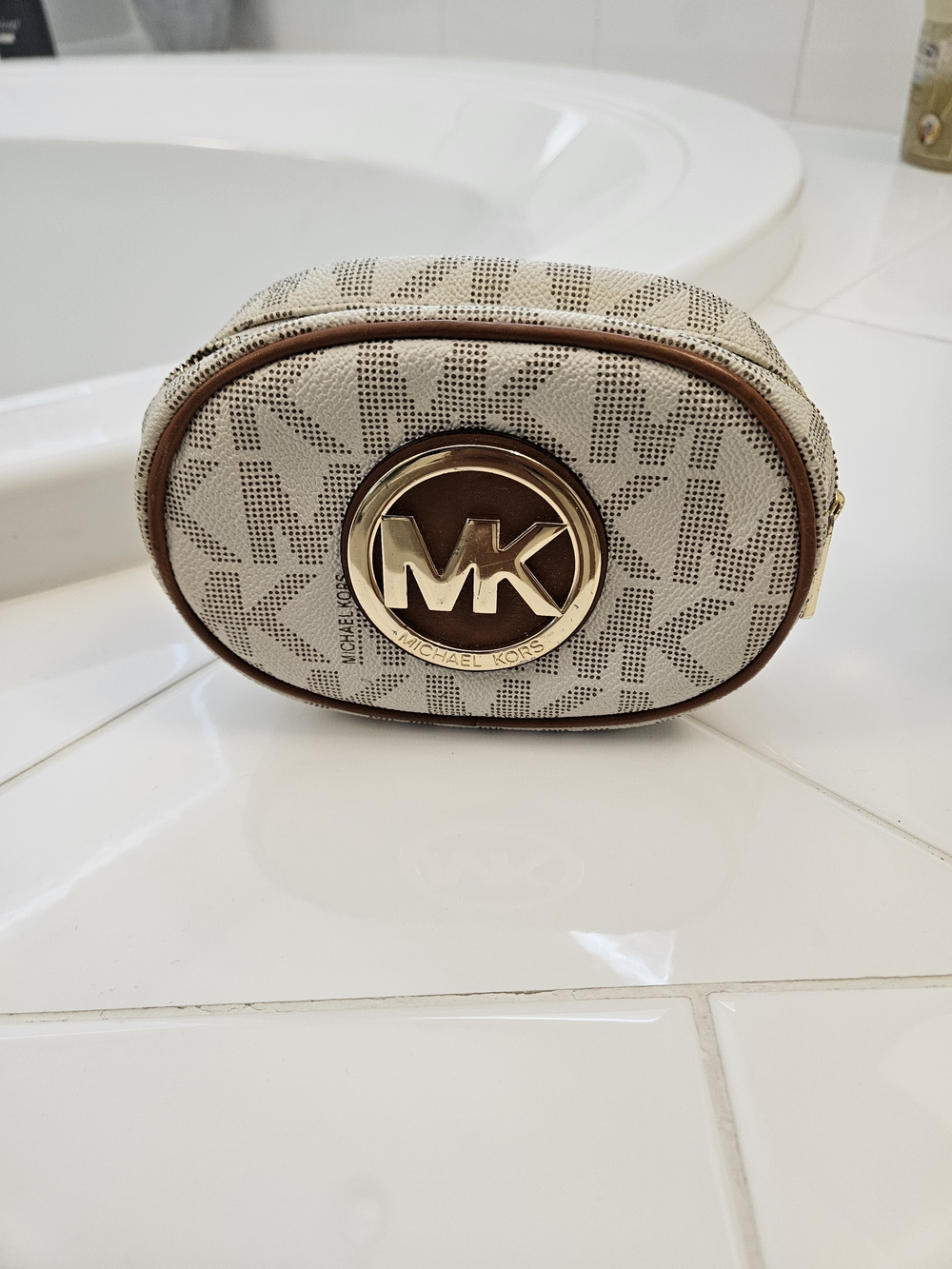 Michael Kors Beige Logo Cosmetic Case with Gold MK Medallion